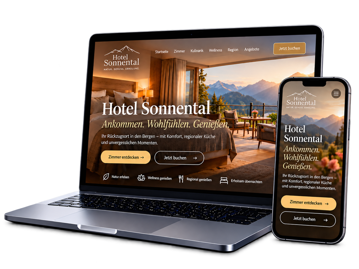 Website für Hotels und Unterkünfte auf Laptop und Smartphone – optimiert für alle Geräte mit klaren Buchungswegen